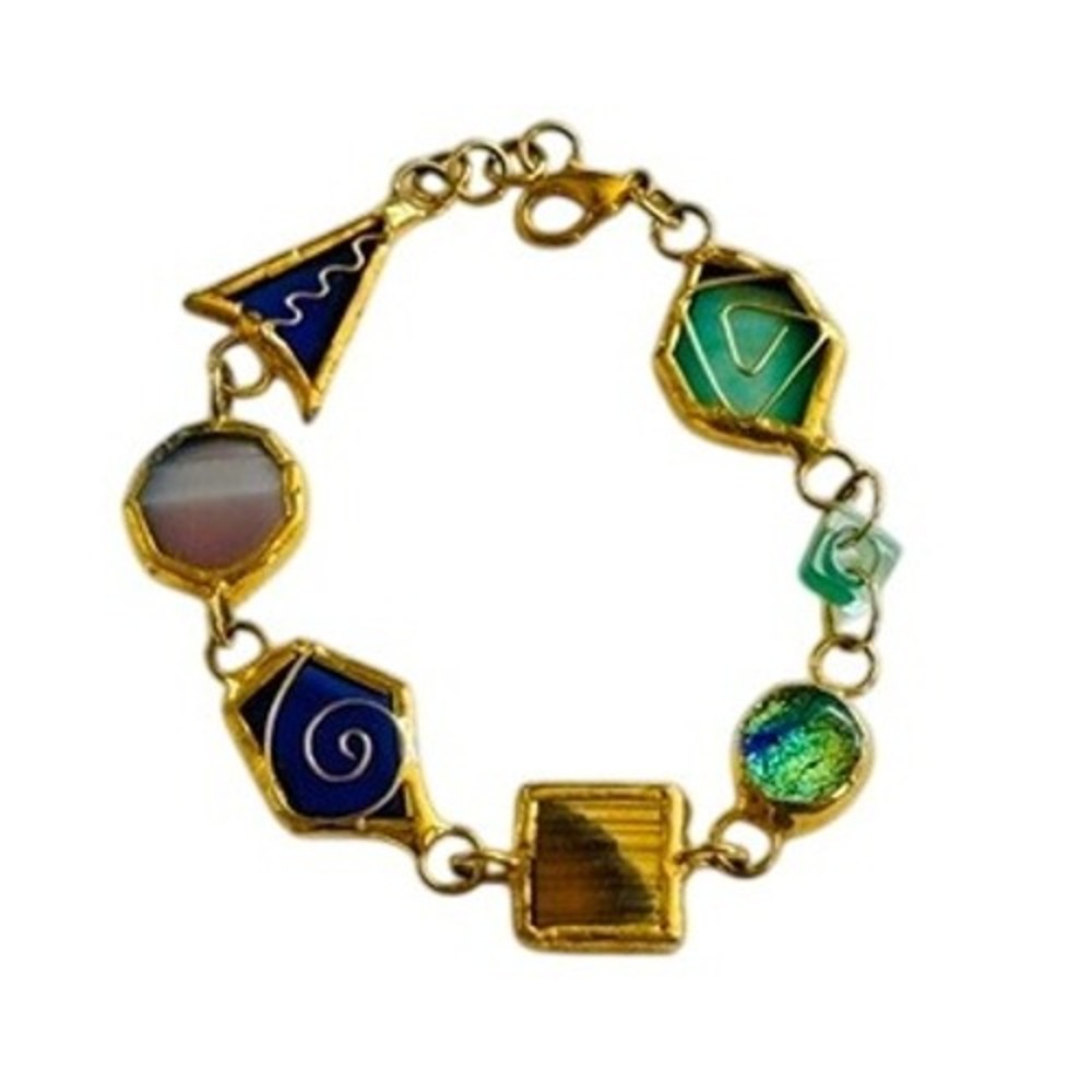 VTG Art Glass Bracelet Statement Sculptural Brass Modernist‎ textured rare gold